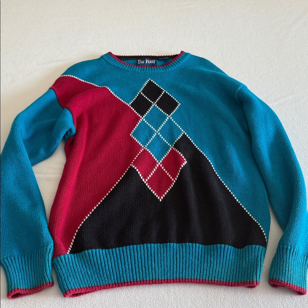 VTG Par Four Golf Argyle Mens Sweater in Teal and Red with Black Size M